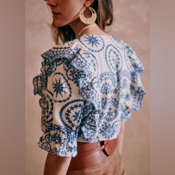 Sézane South Blouse in Ecru Blue FR 34 / US 2 - Picture 4 of 14